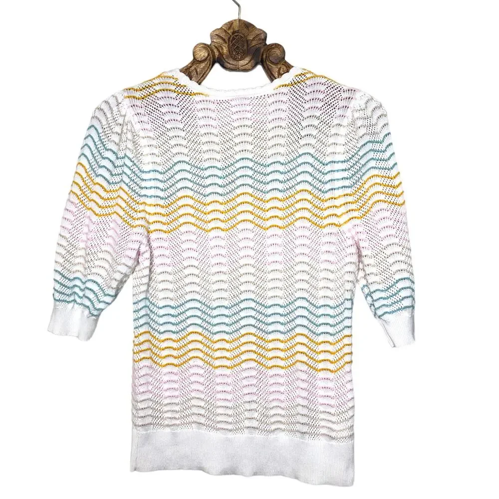 LOFT Top Crochet Scallop Puff Sleeve Knit Blouse Pastel Mermaid Core Medium
